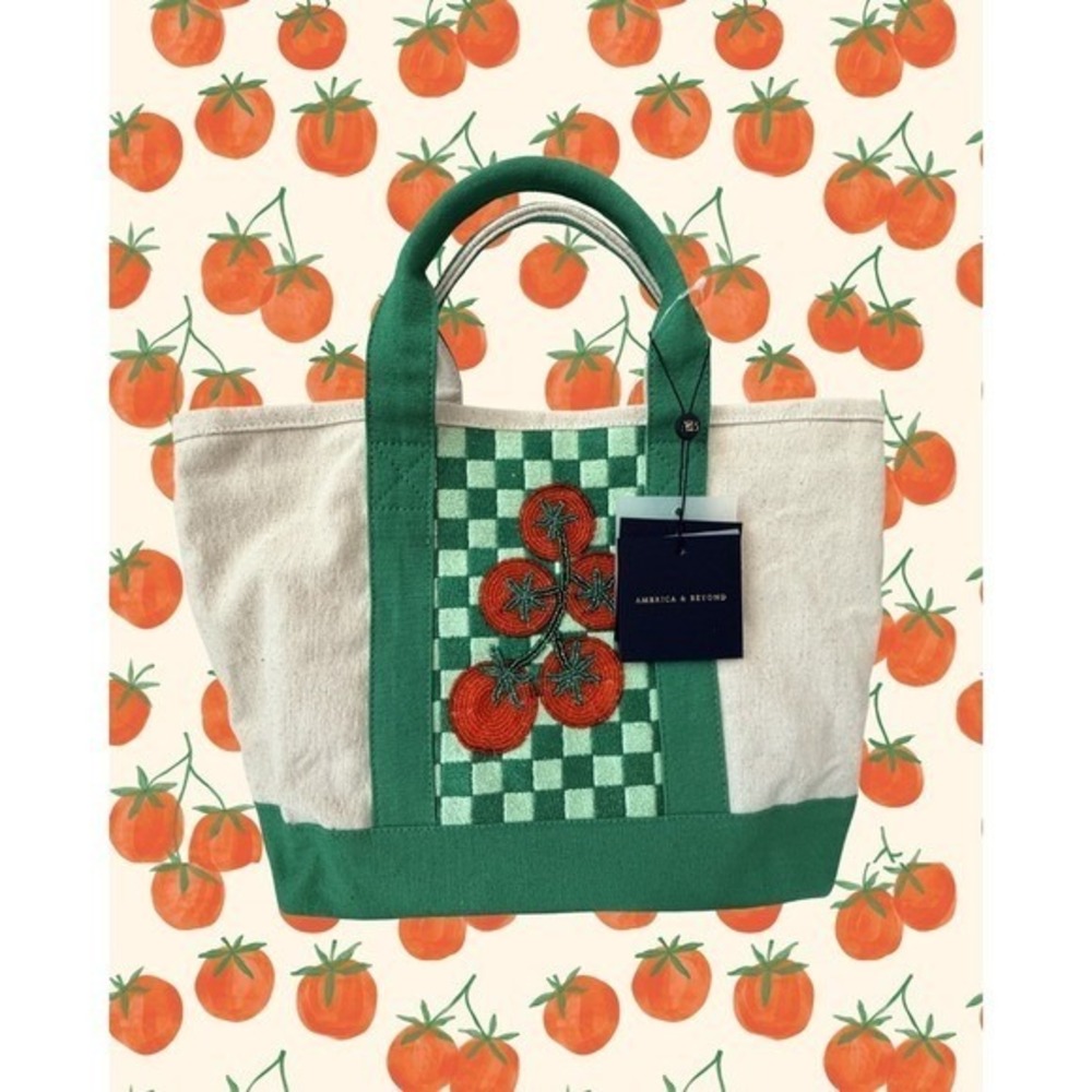 America & Beyond Tomato Beaded Tote Checkered Canvas Boat Bag Green Handles NWT